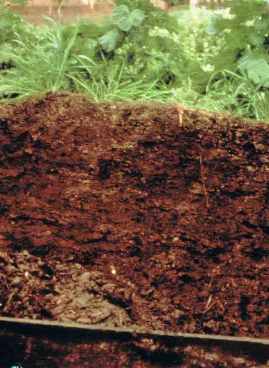 Un corte transversal de una pila de compost. Una coladera de composta puede ayudar a sacar partículas grandes.